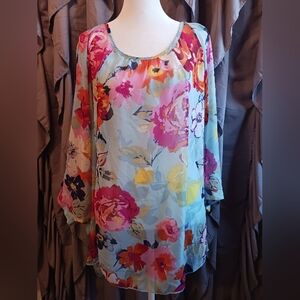 Cha Cha Vente Kimono Poncho Style Womens 2X Sheer Blouse Cover Up Oversize Flowy